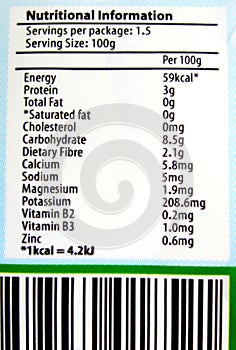 Nutritional label info