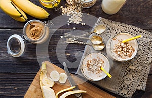 Nutritional smoothie with banana, oat flakes and peanut butter