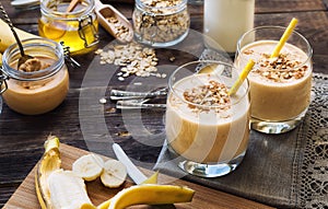 Nutritional smoothie with banana, oat flakes and peanut butter