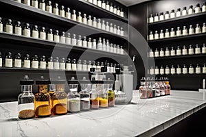 nutritional supplements being dispensed into bottles in a modern and sleek pharmacy setting