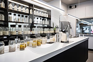 nutritional supplements being dispensed into bottles in a modern and sleek pharmacy setting