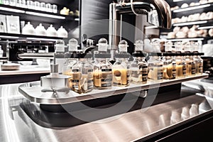 nutritional supplements being dispensed into bottles in a modern and sleek pharmacy setting