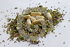 Nutritional supplements pills and capsules on dried herbs background. Alternative herbal medicine, naturopathy and homeopathy