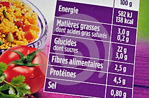 Nutritional values of a french food product close-up