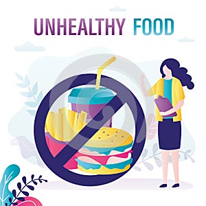 Nutritionist doctor asks to give up junk food. Obesity problem, unhealthy fast food in warning sign. Concept of dietetics and