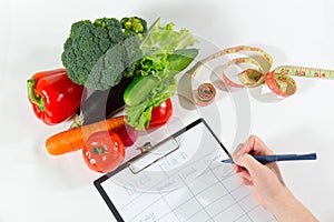 Nutritionist doctor workplace concept, top view photo
