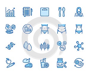 Nutritionist flat line icons set. Diet food, nutritions - protein, fat, carbohydrate, fit body vector illustrations