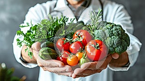 Nutritionist holds fresh fruits or vegetables in his hands. Concept of proper nutrition and world health day