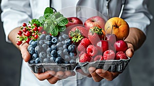 Nutritionist holds fresh fruits or vegetables in his hands. Concept of proper nutrition and world health day
