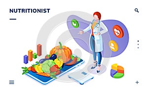 Nutritionist with vegetables on plate and scales. photo