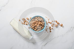 Nutritious chocolate muesli with cereals, close up, background