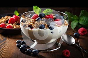 A nutritious and delicious bowl of yogurt topped with a medley of fresh berries and crunchy granola, Healthy breakfast bowl filled