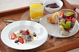 Nutritious and delicious. Closeup of a breakfast tray with juice, fruits salad, a croissant and muesli.