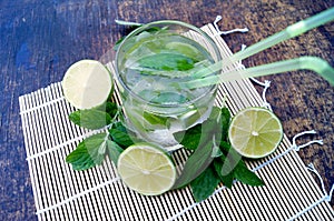 Nutritious detox water with lime and mint in a glass on the wood background