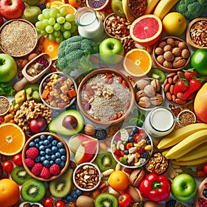 Nutritious Food Background: Fruits, Vegetables, Cereals, Nuts, and Superfoods