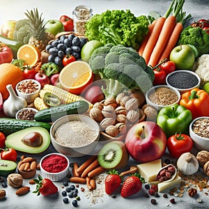 Nutritious Food Background: Fruits, Vegetables, Cereals, Nuts, and Superfoods