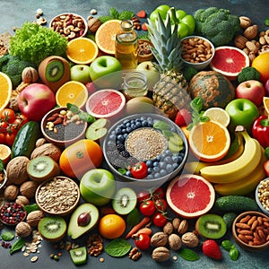 Nutritious Food Background: Fruits, Vegetables, Cereals, Nuts, and Superfoods