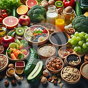 Nutritious Food Background: Fruits, Vegetables, Cereals, Nuts, and Superfoods