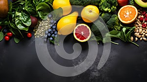 Nutritious food options for a healthy diet: fruits, vegetables, superfoods against a dark backdrop. Generative AI