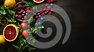 Nutritious food options for a healthy diet: fruits, vegetables, superfoods against a dark backdrop. Generative AI