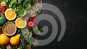 Nutritious food options for a healthy diet: fruits, vegetables, superfoods against a dark backdrop. Generative AI