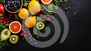 Nutritious food options for a healthy diet: fruits, vegetables, superfoods against a dark backdrop. Generative AI