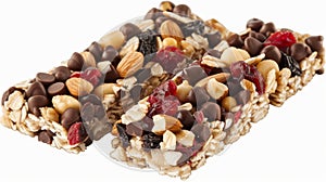 Nutritious granola bar split, displaying oats, nuts, and dried fruits for a wholesome snack