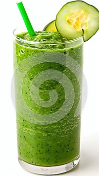A nutritious green smoothie with a cucumber garnish on top