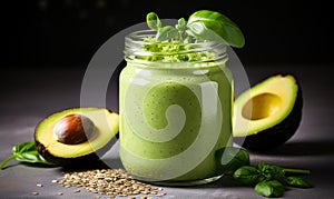 Nutritious green smoothie in glass jar with spinach leaves, half avocado, and chia seeds on grey backdrop - a healthful vegan