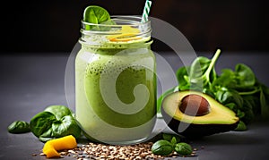 Nutritious green smoothie in glass jar with spinach leaves, half avocado, and chia seeds on grey backdrop - a healthful vegan