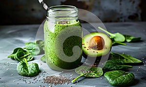 Nutritious green smoothie in glass jar with spinach leaves, half avocado, and chia seeds on grey backdrop - a healthful vegan