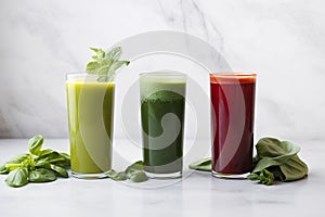 Nutritious and healthy cold-pressed juices in a white kitchen.