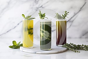 Nutritious and healthy cold-pressed juices in a white kitchen.