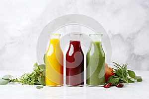 Nutritious and healthy cold-pressed juices in a white kitchen.