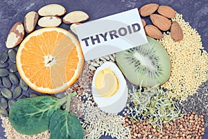 Nutritious ingredients for healthy thyroid. Food containing vitamins. Problems with thyroid concept