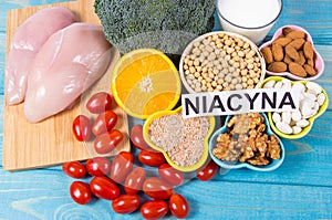 Nutritious ingredients and products containing vitamin B3 PP, niacin and other natural minerals, concept of healthy lifestyle