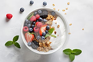 Nutritious Morning Meal Featuring A Mix Of Berries And Natural Yogurt. Generative AI