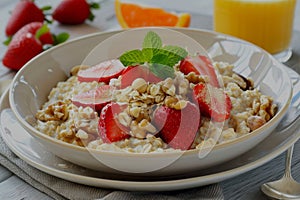 Nutritious oatmeal with fresh strawberries and nuts served with orange juice on white wooden table