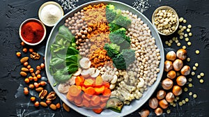 Nutritious plate featuring whole grains, vegetables, and legumes for a healthy diet photo