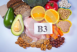 Nutritious products containing vitamin B3 PP, niacin and other natural minerals, concept of healthy nutrition. White background