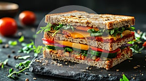 nutritious whole grain sandwich with veggies and cheese perfect for a hearty breakfast great for promoting healthy photo