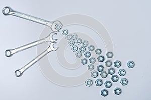 Nuts and bolts close-up on a white background