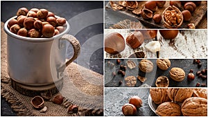 Nuts collage, different colorful nuts backgrounds. Healthy food