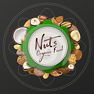 Nuts collection with raw food mix and paper label. Walnut, coconut, nutmeg, hazelnut, pecan, almond, peanut, macadamia.