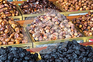 Nuts and dried fruit for sale in the souk of Fes, Morocco