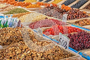 Nuts and dried fruits - the best organic food, city market, Baikonur, Kazakhstan