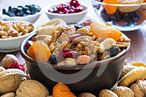 Nuts and dried fruits mix in a bowl