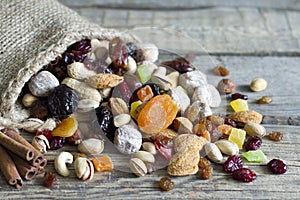 Nuts and dried fruits on vintage wooden boards