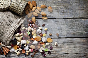 Nuts and dried fruits on vintage wooden boards