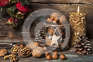 Christmas nuts with rustic setting photo